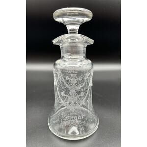 Antique Etched Clear Glass Oil & Vinegar Cruet Bottle w Stopper 6.25” Tall
